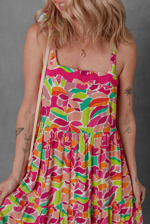 Floral Tie Strap Ricrac Trim A Line Flowing Maxi Dress